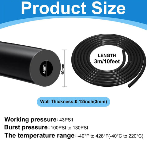 Universal Silicone Vacuum Hose 10 Ft Long, 5/32 Inch ID 4 mm Inner Diameter detailed size chart and coiled tubing image.