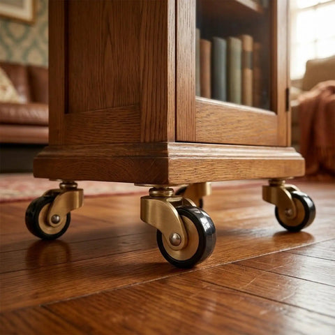 Solid Brass Furniture Casters on a wooden cabinet, showcasing antique style smooth rolling wheels for easy mobility.