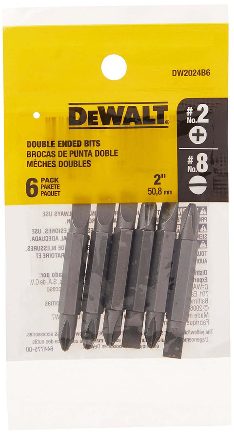 DEWALT screwdriver bit set, 6-pack of double-ended bits, 2-inch length with Phillips #2 and No.8 slotted ends in yellow packaging
