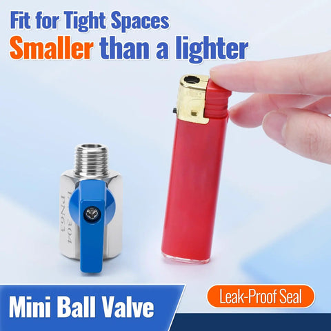 Comparison of a Two Pack One Quarter Inch NPT Mini Ball Valve 304 Stainless Steel with a lighter size in hand.