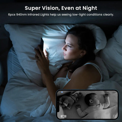 Woman in bed using phone with Upgrade 2K WiFi Indoor Security Camera displaying baby monitor, night vision active.
