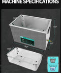 Huge 37.5L Ultrasonic Cleaner With 720W Power for Deep Cleaning Engine Parts, Tools, and Jewelry. Tank and basket specifications.