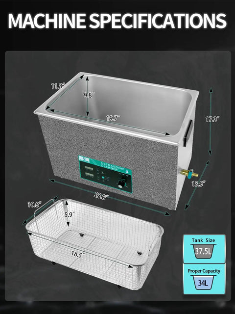 Huge 37.5L Ultrasonic Cleaner With 720W Power for Deep Cleaning Engine Parts, Tools, and Jewelry. Tank and basket specifications.