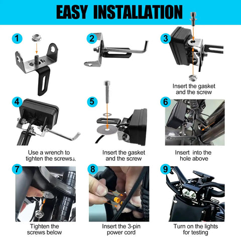 Step-by-step installation guide for LED Headlight For Ridstar Q20 Ebike, 3 Pin 20W 6500K Waterproof Front Light.