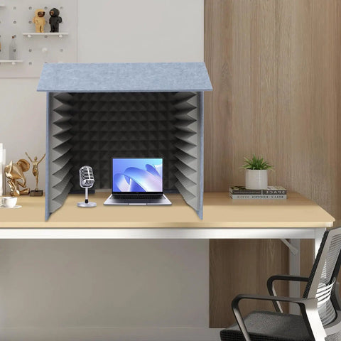 Desktop Acoustic Booth Foldable Three Sided Recording Isolation Shield With High Density Sound Absorbing Foam on a desk with a laptop and microphone.