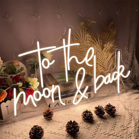 To The Moon And Back LED Neon Light Sign With Adjustable Brightness Flexible Silicone Neon Strip on decorated table