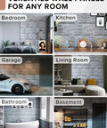 3D Faux Brick PVC Wall Panel For Full Wall Coverage in bedroom, kitchen, garage, living room, bathroom, and basement settings.