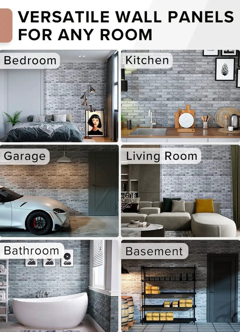 3D Faux Brick PVC Wall Panel For Full Wall Coverage in bedroom, kitchen, garage, living room, bathroom, and basement settings.