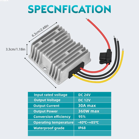 24V To 12V 30A Waterproof Buck Converter Regulator With Fuse 360W DC To DC Step Down Power Module Aluminum Shell Sealed Design