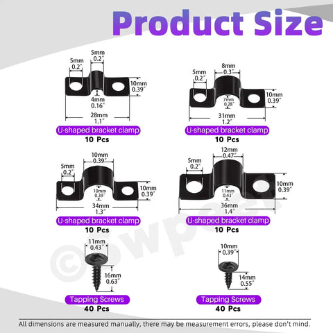All In One 120Pcs Two Hole U Bracket Clamp Kit With Self Tapping Screws, includes 5mm, 8mm, 10mm, 12mm U clips dimensions.