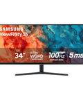 Front view of ViewFinity S50GC 34 Inch Ultrawide QHD Monitor With 100Hz Refresh, 5ms, HDR10, AMD FreeSync, Eye Care, Slim Bezel, 21x9 UltraWQHD For Do It All Multitasking, PIP And PBP, Crisp Colors, Boss Visuals, Black showing colorful screen.