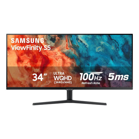 Front view of ViewFinity S50GC 34 Inch Ultrawide QHD Monitor With 100Hz Refresh, 5ms, HDR10, AMD FreeSync, Eye Care, Slim Bezel, 21x9 UltraWQHD For Do It All Multitasking, PIP And PBP, Crisp Colors, Boss Visuals, Black showing colorful screen.