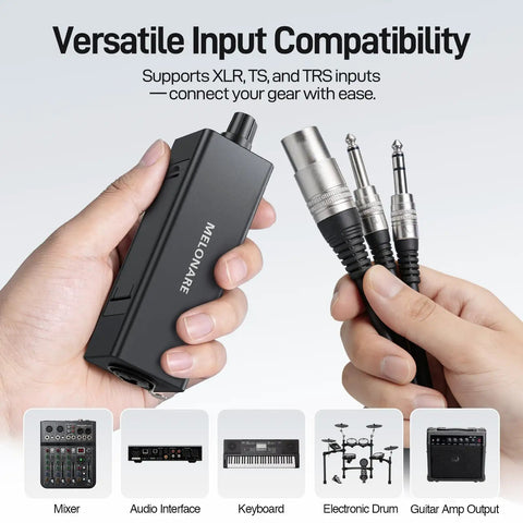 Wired In-Ear Monitor Amplifier With XLR And TRS Inputs held in hand, showing versatile connectivity for audio setups.