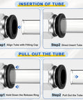 Two Pack Push To Connect Fittings 1 Quarter Inch Tube To 1 Eighth NPT Nickel Plated Brass guide insertion and removal