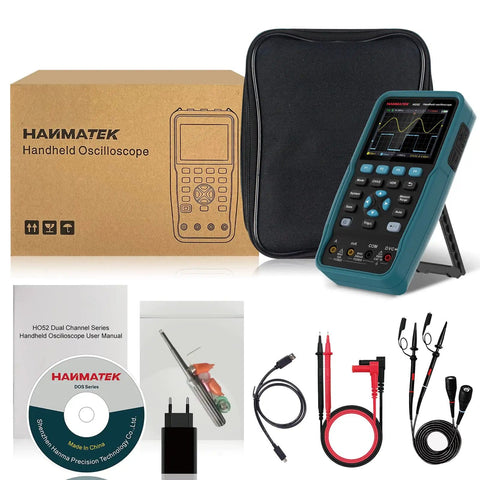Handheld Digital Oscilloscope 50 MHz Dual Channel With Three Point Five Inch TFT Backlit Display, accessories shown.