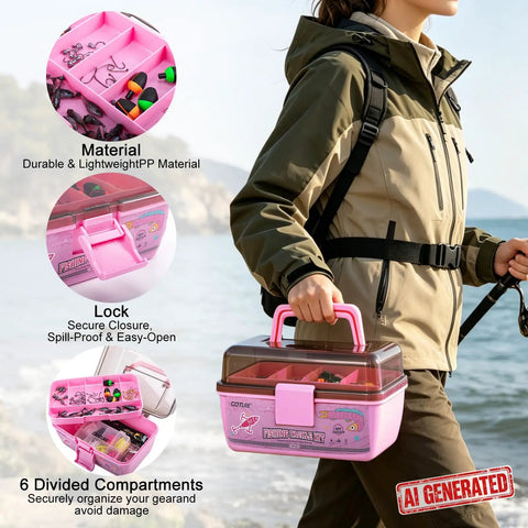 Person carrying All In One Trout Fishing Tackle Kit with pink box on a lakeside trail, compartments visible with secure lock.