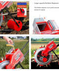 Close-up of Hand Push Garden Seeder And Seed Sower With Fertilizer Applicator Manual Row Crop Planter showing hopper ports