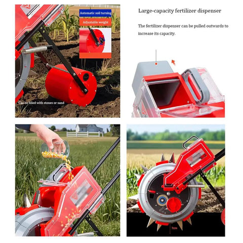 Close-up of Hand Push Garden Seeder And Seed Sower With Fertilizer Applicator Manual Row Crop Planter showing hopper ports