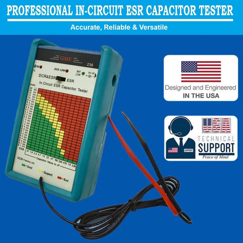 Pro In Circuit ESR Capacitor Tester with Capacitance Meter, Accurate ESR Readouts, USA design, blue device with probes and support icons