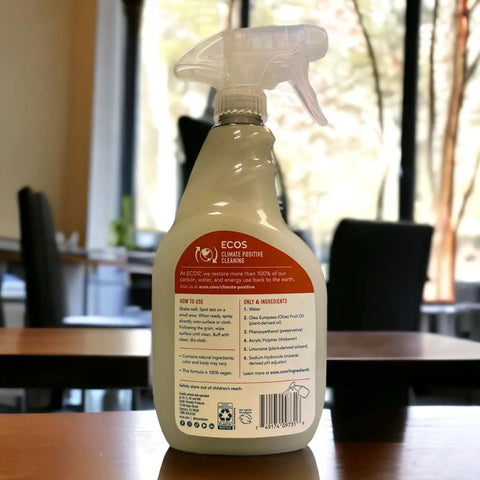 Eco Friendly Furniture Polish With Olive And Orange Oils For Wood Formica Particle Board And Vinyl Surfaces Gently Lifts Fingerprints Smudges And Dirt 22 Oz bottle on a table