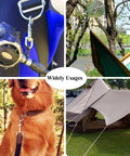 Built Like A Tank Heavy Duty Swivel Snap Hooks 4 Pack 3.5 Inch Nickel Plated Eye Bolt Clips shown in various uses including hammock, pet leash, and tent.