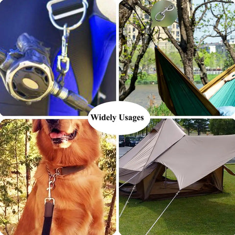 Built Like A Tank Heavy Duty Swivel Snap Hooks 4 Pack 3.5 Inch Nickel Plated Eye Bolt Clips shown in various uses including hammock, pet leash, and tent.