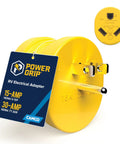 PowerGrip Heavy Duty RV 15 Amp Male To 30 Amp Female Electrical Adapter with 125 Volt 1875 Watt rating, close-up of connectors