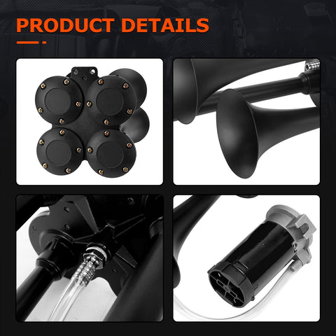 Product details of 12V Train Air Horn Kit With Four Horns And Compressor 185dB Ultra Loud Vehicle Horn System For Truck Car SUV Jeep Pickup Motorhome And Other Rigs