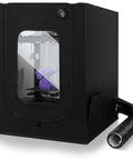 Black versatile 3D printer enclosure tent with ventilation and LED lighting, fits Bambu Lab P1 Series, Creality Ender 3, Neptune 3 Pro.