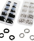 All In One 320 Piece Split Lock Washer And Elastic Gasket Kit For M2 To M8 304 Stainless Steel And Black Carbon Steel Hardware Assortment Must Have For Delicate Electronics Machinery And Automotive Projects And DIY Fixes, black and silver washers in organizer