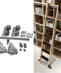 Straight Up Built Tough Black Steel Round Tube Escalator Rolling Ladder Track With Floor Casters Solid Complete Hardware Kit For Library Barn Door Slide Installations Six Point Six Foot Rail Set with components and ladder.
