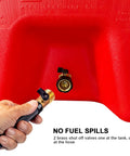 Close-up of 34 Gallon Fuel Caddy With Portable Design Manual Transfer Pump And 10 Ft Delivery Hose On Wheels Diesel And Gas Storage