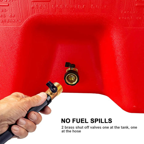 Close-up of 34 Gallon Fuel Caddy With Portable Design Manual Transfer Pump And 10 Ft Delivery Hose On Wheels Diesel And Gas Storage