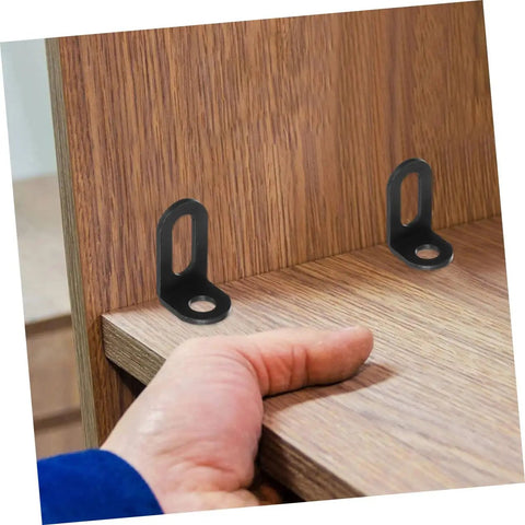 Heavy Duty L Brackets For Corner Shelf Support Cabinet Cold Rolled Steel L Shape Corner Brace Built Tough For Heavy Weight Wood Furniture Assembly No Frills Hardware, two matte black brackets installed on wood.