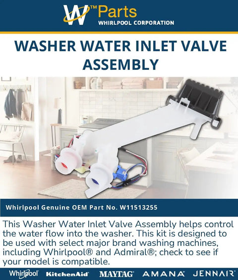 Genuine OEM Washer Water Inlet Valve Assembly W11513255 Replacement Part on home laundry table, part W11385821