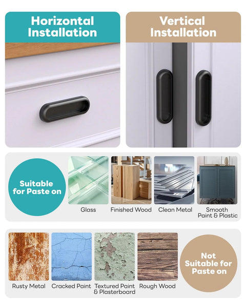 Installation guide showing Two Pack Self Adhesive Drawer Pull Handles Four Inch Aluminum Alloy Push Pull Knobs for various surfaces