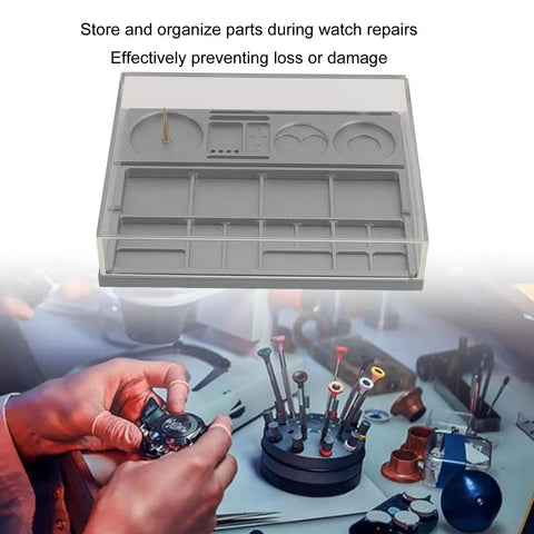 Watch Parts Organizer And Movement Tray With Dust Cover Handy Repair Box for Screw Parts and Tools, shown on workbench.