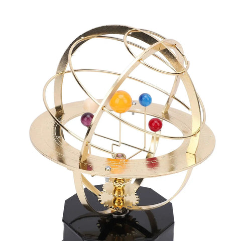 Gold Tone Solar System Model Decoration with iron and plastic, featuring colorful planets on a black base, educational desk ornament