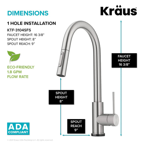 Touch Kitchen Faucet With Pull Down Sprayer In Spot Free Stainless Steel, Single Handle High Arc Spout with dimensions shown