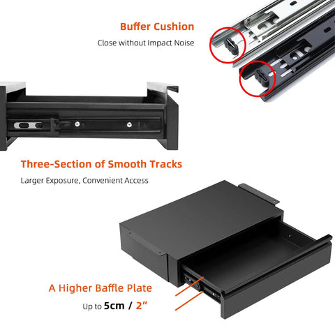 Under Desk Drawer Organizer 18 Inch Pull Out Storage Mounted Under Desk or Workbench showing buffer cushion and extension tracks