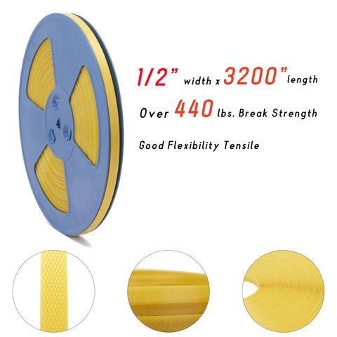 Real Deal Heavy Duty Pallet Strapping Kit With 328 Feet Of Half Inch Poly Strap And Manual Tensioner Tool Including One Hundred Secure Metal Seals For Reliable Cargo Packaging And Warehouse Shipping Ready For The Daily Grind, 1/2" poly strap on a blue reel with 3200" length.