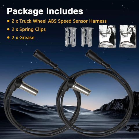 Two black truck wheel ABS speed sensor harnesses with metal sensors and connectors