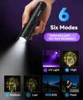 Rechargeable 2-in-1 UV and White Light Flashlight with 395nm UV black light shown in hand with six light modes displayed.