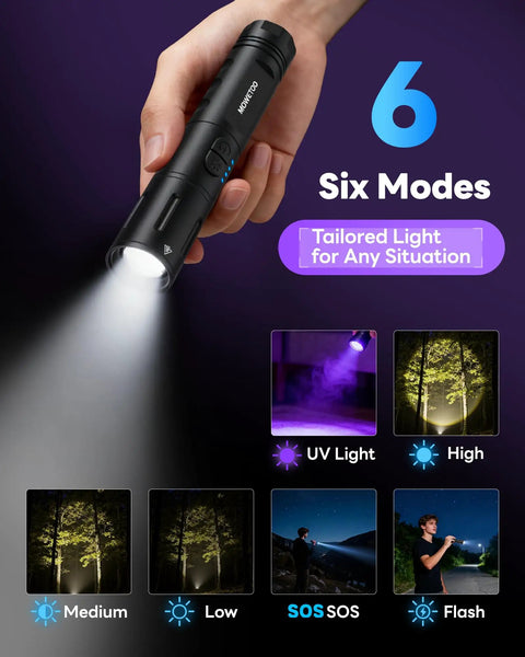 Rechargeable 2-in-1 UV and White Light Flashlight with 395nm UV black light shown in hand with six light modes displayed.
