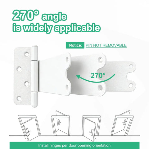 Badass 6 Inch Gate Hinges With 280 Pound Capacity Matte White Finish 4 Pack Heavy Duty T Strap Barn Door Hardware shown at 270 degree angle with installation guide.
