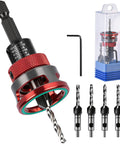 Heavy Duty 7 Piece Countersink Drill Bit Set With Adjustable Depth Stop Collar And Precision Bearings, including wrench and case.