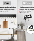 Side-by-side comparison of Six Hook Wall Mount Key Organizer with screw-in mounting and an adhesive hook alternative in a kitchen.
