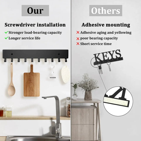 Side-by-side comparison of Six Hook Wall Mount Key Organizer with screw-in mounting and an adhesive hook alternative in a kitchen.