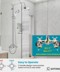 Dope Exposed Shower Faucet Set With 8 Inch Wall Mount Rainfall Head, Handheld Spray, Polished Chrome Bath System, Displayed in Bathroom