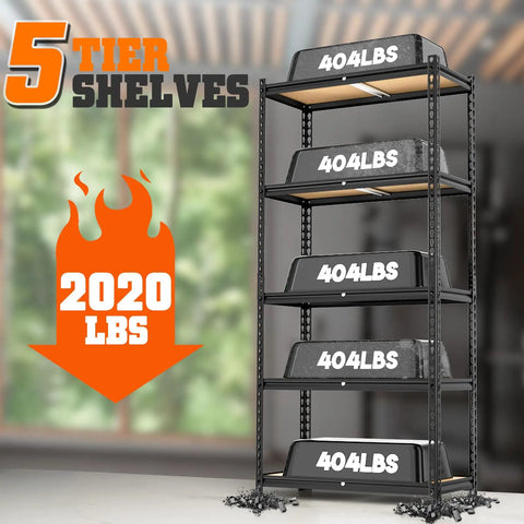 Tough As Nails 5-Tier Metal Shelving Unit Heavy Duty Storage Rack with capacity markings, 35 x 16 x 70 inches for organizing tools.